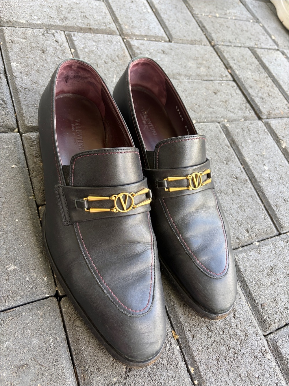 Valentino Black Leather Slip-On Loafers with Gold V Logo